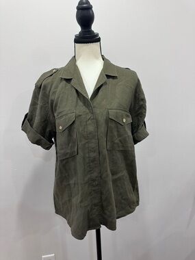 LAUREN RALPH LAUREN Women’s Linen Olive Green Utility Button Up Shirt Size SMALL